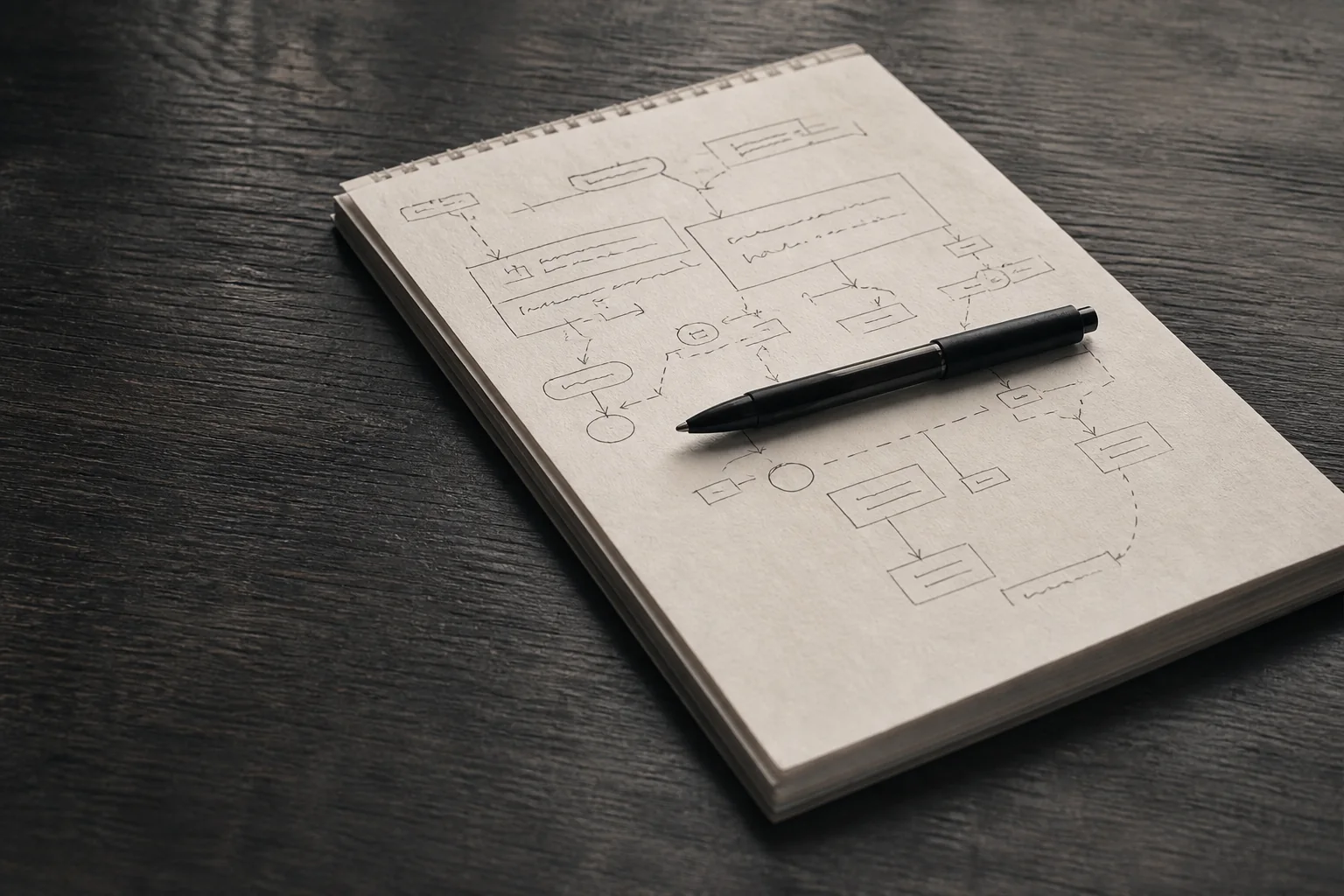 A notebook and pen on a dark wooden table